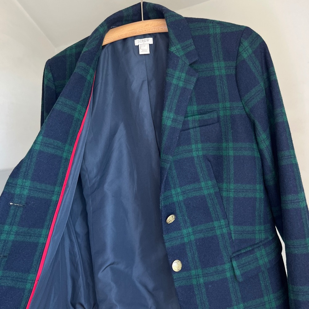 J.Crew Plaid Schoolboy Blazer Size 10 Green Navy Wool Blend Crest Button Preppy - Picture 6 of 9